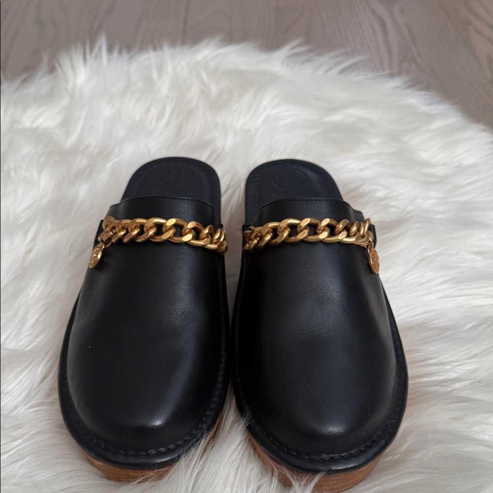 Tory Burch Black Mules with Gold Chain